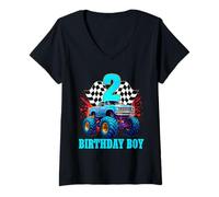 Mujer Camiseta de camión monstruo It's My 2nd Birthday para niño y familia Camiseta Cuello V