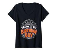 Mujer Camiseta de Fiesta de Halloween con diseño de araña de cumpleaños Daddy of The Boy Camiseta Cuello V