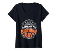 Mujer Camiseta de Fiesta de Halloween con diseño de araña de cumpleaños Mama of The Boy Camiseta Cuello V