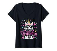Mujer Camiseta de Fiesta Familiar con Forma de Unicornio Gigi of The Birthday Girl a Juego Camiseta Cuello V