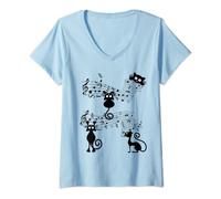 Mujer Camiseta de gato gatito tocando la nota musical, regalo para amantes del gato Camiseta Cuello V