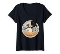 Mujer Camiseta De Gato Negro Hai Ukiyo-e Ocean Art Japonés Camiseta Cuello V