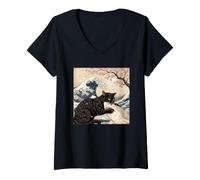 Mujer Camiseta De Gato Negro Hai Ukiyo-e Ocean Art Japonés Camiseta Cuello V
