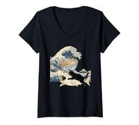 Mujer Camiseta De Gato Negro Hai Ukiyo-e Ocean Art Japonés Camiseta Cuello V