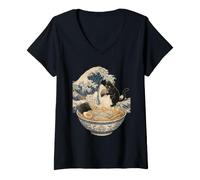 Mujer Camiseta De Gato Negro Hai Ukiyo-e Ocean Art Japonés Camiseta Cuello V