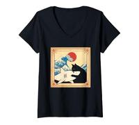 Mujer Camiseta De Gato Negro Hai Ukiyo-e Ocean Art Japonés Camiseta Cuello V