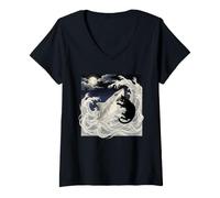 Mujer Camiseta De Gato Negro Hai Ukiyo-e Ocean Art Japonés Camiseta Cuello V