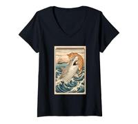 Mujer Camiseta De Gato Negro Hai Ukiyo-e Ocean Art Japonés Camiseta Cuello V
