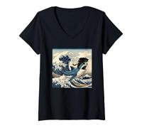 Mujer Camiseta De Gato Negro Hai Ukiyo-e Ocean Art Japonés Camiseta Cuello V