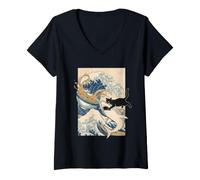 Mujer Camiseta De Gato Negro Hai Ukiyo-e Ocean Art Japonés Camiseta Cuello V