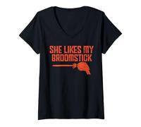 Mujer Camiseta de Halloween con Texto en inglés He Likes My Pumpkins She Likes My Broomstick Camiseta Cuello V