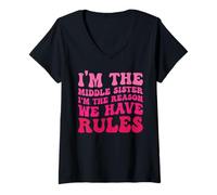 Mujer Camiseta de hermana media divertida con texto en inglés "I Am Reason We Have Rules Sibling" Camiseta Cuello V