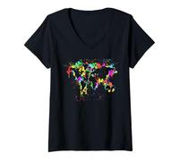 Mujer Camiseta de mapa del mundo de graffiti Escuela Geografía Atlas Global Tee Camiseta Cuello V