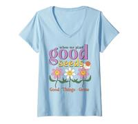 Mujer Camiseta de margarita con frase positiva para niñas, cita de buenas semillas Camiseta Cuello V