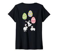 Mujer Camiseta de Pascua de la familia Bunny Family a juego con lazo rosa en forma de corazón en la parte trasera Camiseta Cuello V
