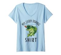 Mujer Camiseta de Pesca Divertida para niños My Lucky Fishing-Shirt Bass Fish Camiseta Cuello V