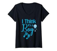 Mujer Camiseta de revelación de género I Think Its a Boy Baby Shower Party tee Camiseta Cuello V