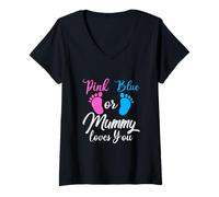 Mujer Camiseta de revelación de género rosa o azul embarazada mamá te ama Camiseta Cuello V