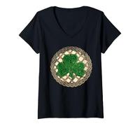 Mujer Camiseta de trébol y Nudo Celta Fondo Beige Camiseta Cuello V