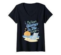 Mujer Camiseta de Vacaciones My Heart Belongs to The Ocean Cruise Camiseta Cuello V