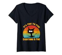 Mujer Camiseta Divertida con diseño de Gato Negro con Texto en inglés It's Fine I'm Fine Everything Camiseta Cuello V