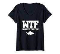 Mujer Camiseta Divertida de Pesca, WTF Where's The Fish tee Camiseta Cuello V
