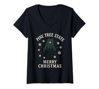 Mujer Camiseta estatal Pine Tree Merry Christmas Maine Forest Snow ME Camiseta Cuello V