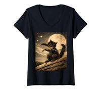 Mujer Camiseta Gato Tocando el violín bajo la luz de la Luna Vintage Lover Camiseta Cuello V