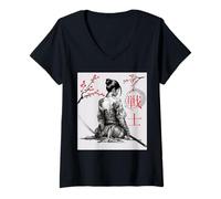 Mujer Camiseta japonesa Samurai Girl Tee Cherry Blossom Woodblock Art Bushi Camiseta Cuello V
