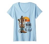Mujer Camiseta Just a Mama Walkin' with the Lord Western Cross Sunset Camiseta Cuello V