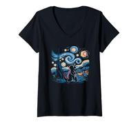 Mujer Camiseta Kaiju Monstruo Japonés Van Gogh Noche Estrellada Camiseta Cuello V