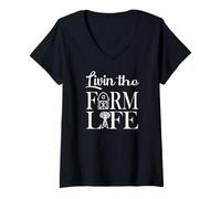 Mujer Camiseta Living The Farm Life Country Girl Cow Barn Camiseta Cuello V