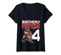 Mujer Camiseta Ninja para fiesta de cumpleaños para niños, ropa de fiesta Ninja de 4 años Camiseta Cuello V