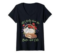 Mujer Camiseta para Amantes de los Libros All I Really Need Are Books and Cats Camiseta Cuello V