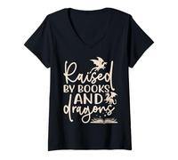 Mujer Camiseta para Amantes de los Libros de fantasía Raised by Books and Dragons Camiseta Cuello V