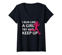 Mujer Camiseta para Correr con Texto en inglés I Run Like A Girl Try and Keep Up, Idea de Regalo Camiseta Cuello V