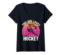 Mujer Camiseta para fanáticos del Hockey con Texto en inglés This Girl Loves Hockey Shirt Game Day Camiseta Cuello V