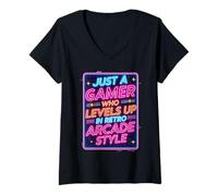 Mujer Camiseta para Videojuegos Estilo Arcade Retro de los 80 con diseño «Just a Gamer Who Levels Up» Camiseta Cuello V