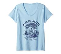 Mujer Camiseta retro del estado de Massachusetts Est 1788 Freedom Trail Camiseta Cuello V