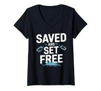 Mujer Camiseta Saved and Set Free - Bautismo de Libertad Inspirador Camiseta Cuello V