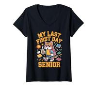 Mujer Camiseta Senior My Last First Day Divertida con Forma de Gato para el Regreso a la Escuela Camiseta Cuello V