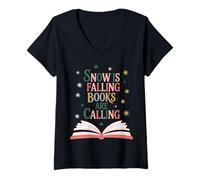 Mujer Camiseta Snow is Falling Books Are Calling Book Lover Camiseta Cuello V