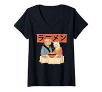 Mujer Camiseta Tokyo Tiger con estampado de ramen de gato japonés, kawaii Camiseta Cuello V