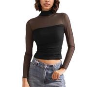 Mujer Camiseta Transparente Sexy Manga Larga Mesh Top Slim See Through Camiseta Redondo Alto Elástico Blouses Clubwear Casual Mujer Top Negro/Marrón