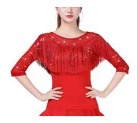 Mujer Camisetas de Baile Latino Estándar Modernas con Flecos y borlas Top de Manga Larga con Lentejuelas Brillantes para Jazz con Costuras de Malla Rojo