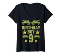 Mujer Camo Nine Birthday Boy, militar, novena fiesta, niños de 9 años Camiseta Cuello V