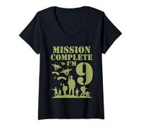 Mujer Camo Nine Birthday Boy, militar, novena fiesta, niños de 9 años Camiseta Cuello V