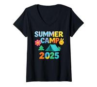 Mujer Campamento de Verano 2025 Aventura al aire libre Viaje Retiro Niños Camping Camiseta Cuello V