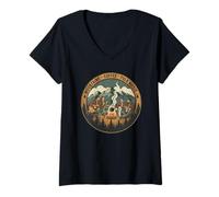 Mujer Camping Vacation Mountains Coffee and Folk Music Camiseta Cuello V