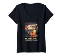 Mujer Camping Vibes Linterna Reproductor de casetes Amante Retro Camiseta Cuello V